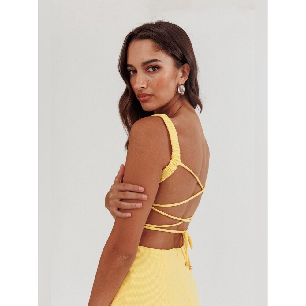 Selfie Leslie Lemon Yellow Ribbed Lace Back Midi Dress NWT Size S